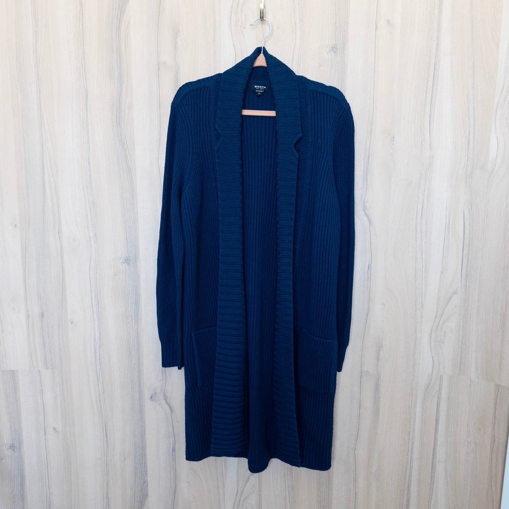 Worth Womens Longline Wool Cardigan M Blue Open Front Ribbed Classic Preppy Cozy